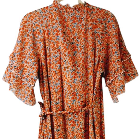 M.A.B.E SZ L Tiered Floral Maxi Wrap Dress Metallic Throughout Orange Blue Gold - Picture 5 of 5